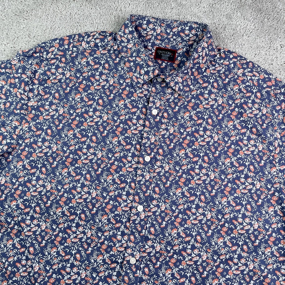 UNTUCKit Shirt Mens 2XL XXL Blue Buckley Short Sleeve Floral Relaxed Fit Cotton